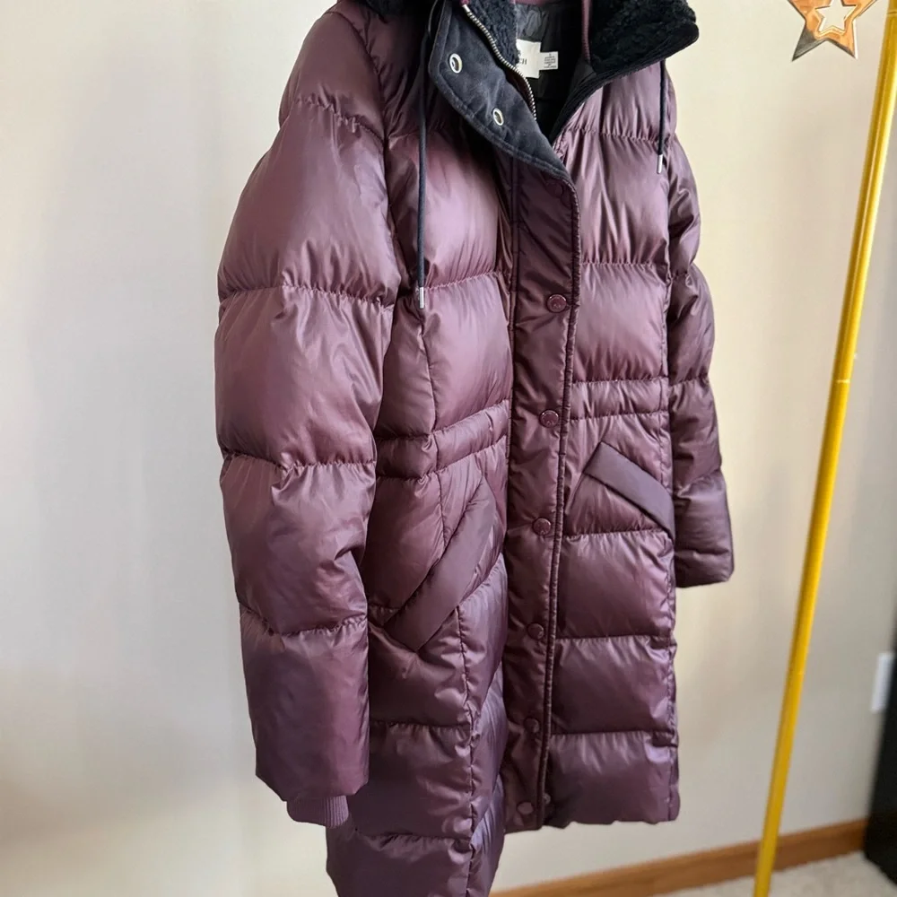 Coach Plum Down Puffer Coat Long Hooded Faux Fur Trim Small Winter - Picture 8 of 16